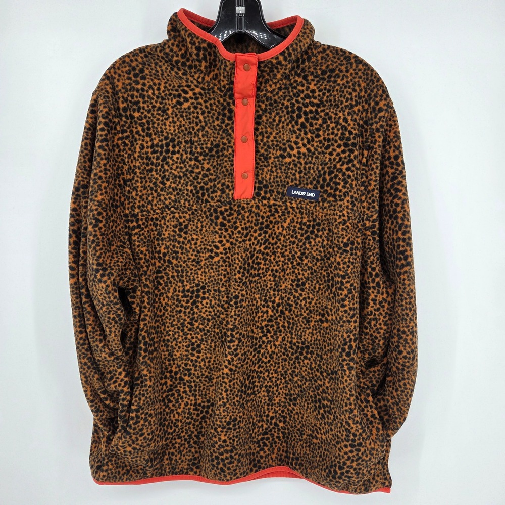 Lands End Womens 1X Leopard Print Fleece Pullover Snap Neck Sweatshirt